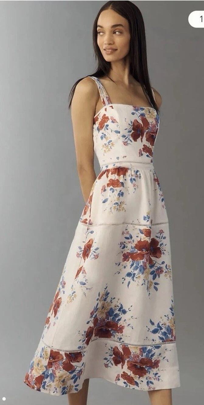 Reformation Everett 100% Linen Floral Midi Dress $298 Sz 0 NEW